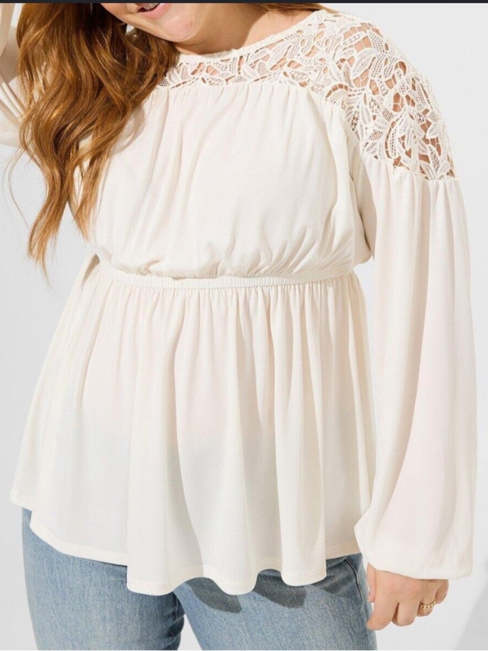 torrid Studio Crepe Cream Crochet-Yoke Baby Doll Peasant Blouse 2X